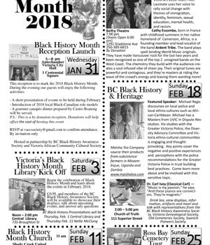 Poster with images, dates, black text on white background BCBHAS Black History Month Poster for 2018
