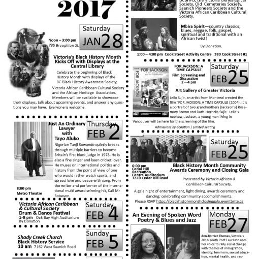 Poster with images, dates, black text on white background BHM 2017