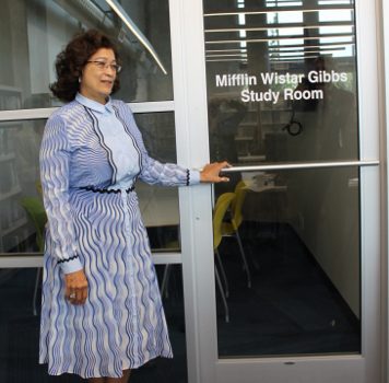 Verna Gibbs, grandniece of Mifflin Wistar Gibbs steps into the Mifflin Wistar Gibbs Study Room