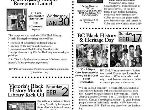 Poster with images, dates, black text on white background BHM 2019