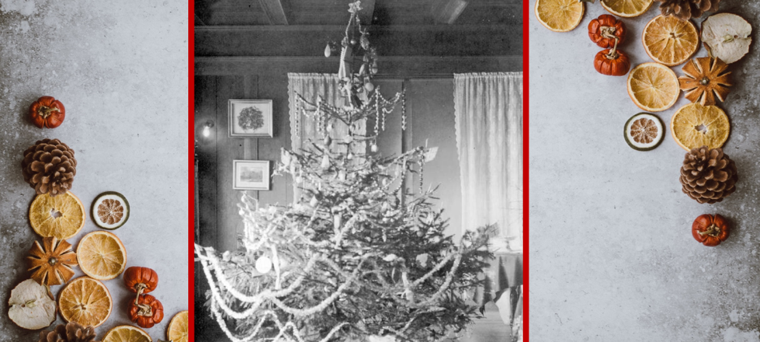 Center is b&w photo of decorated Christmas tree bordered on sides by Christmas nuts and fruit