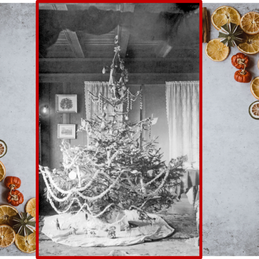 Center is b&w photo of decorated Christmas tree bordered on sides by Christmas nuts and fruit