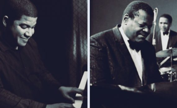 Pablo Cardenas beside image of Oscar Peterson