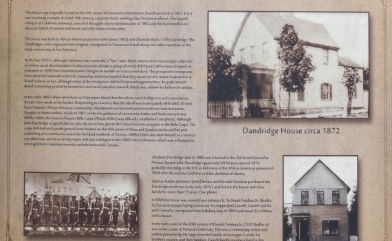 30x30 inch plaque, tan background, black tex with images of house and victoria pioneer rifle corps