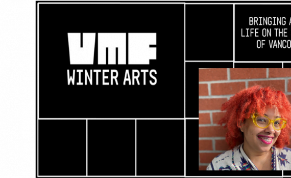 Poster left side black background with white lines and text, left side portrait black woman smiling wearing yellow glasses, orange short hair