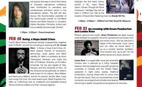 Poster with color border, in-color images and large date numbers for each event with black text on white background