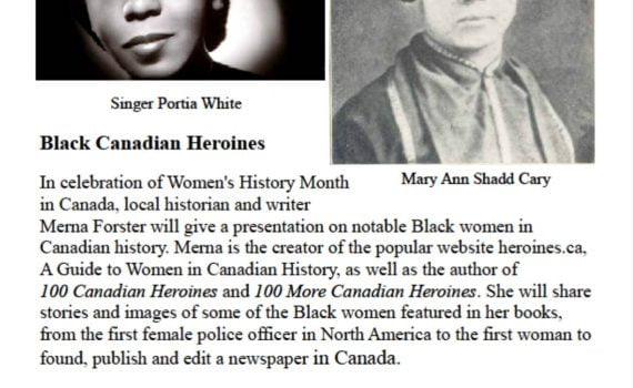 Poster blue border, black text on white background 2 images of black women with text in main body, image of author and event details near bottom