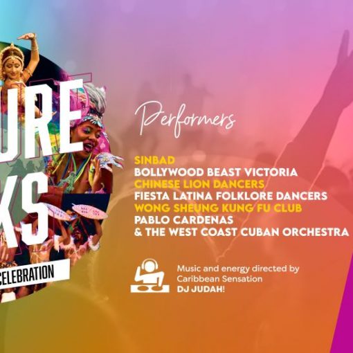 Pastel colored backgrounds with white/black lettering, stylized collages of faces, instruments, objects representing cultures