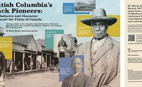 montage with text and portrait images, 1858 street scene in background