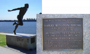Statue depicting man running with arms outstretched mounted on granbroite block next to enlarged view of bronze plaque on the base of the statue