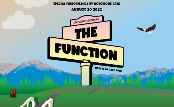 Anamorphic (3-dimensional) style drawing, upper part of poster is sunny sky, eagle, some clouds above mountains; middle is island with grass, brown bear; bottom part is bridge spanning water to the island. Middle of the island is oversized sign post indicating The Function is taking place on Lekwungen Territory.