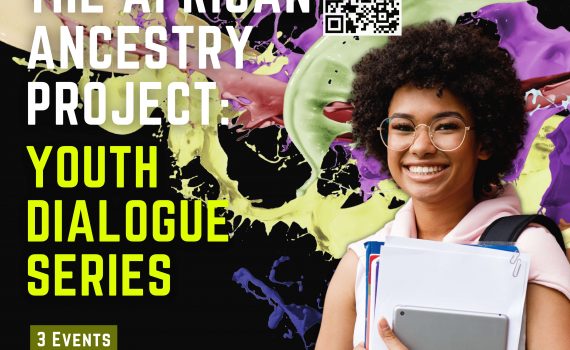 Black background with paint splashed, left side white and yellow text with information about the event, right side young woman smiling, afro hairstyle, glasses, with backpack and holding school books