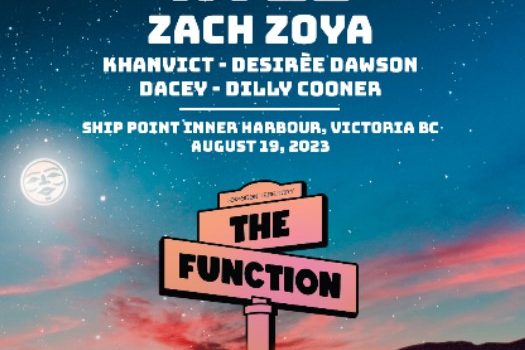 Anamorphic (3-dimensional) style drawing, upper part of poster is sky at sunset, some pink wispy clouds at horizon, Middle of the poster is oversized sign post indicating The Function is taking place on Lekwungen Territory.