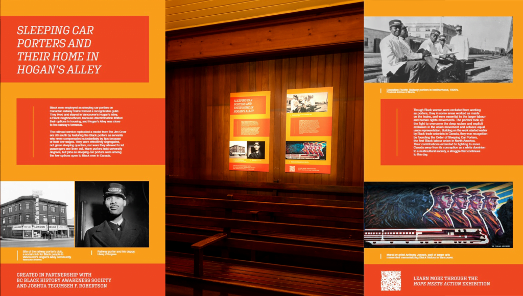 centred is photo of the inside of train station showing panels on the wall in situ, image is flanked by large images of the panels