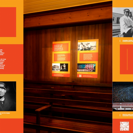 centred is photo of the inside of train station showing panels on the wall in situ, image is flanked by large images of the panels