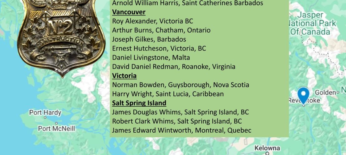 BC Map with a graphic of the Cap Badge on the left; the soldiers’ names and enlistment place are listed down the centre, overlaid on the map