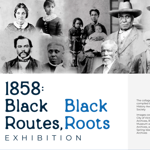 poster with collage of portraits of Black settlers, text is black and blue text on white background