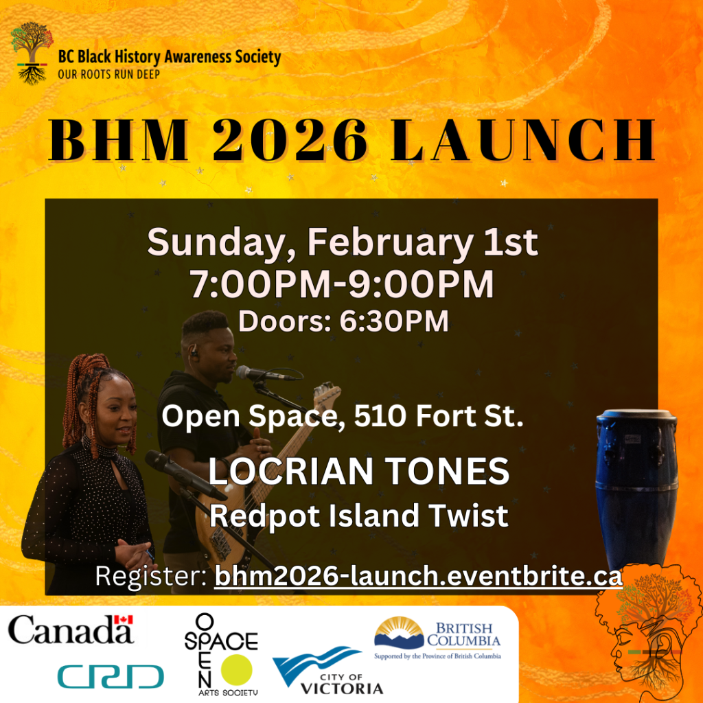 POSTER with image of band in shadow. Black lettering on background of orange, yellow, and pink pastel swirls and glitter; woman with face and hair outlined in black in lower left corner overlaid on outlined image of BCBHAS logo tree; sponsor logos arrayed along the bottom