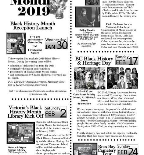 Poster with images, dates, black text on white background BHM 2019