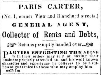 Advertisement in Colonist by Paris Carter, General Agent, Collector of Rents and Debts
