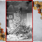 Center is b&w photo of decorated Christmas tree bordered on sides by Christmas nuts and fruit