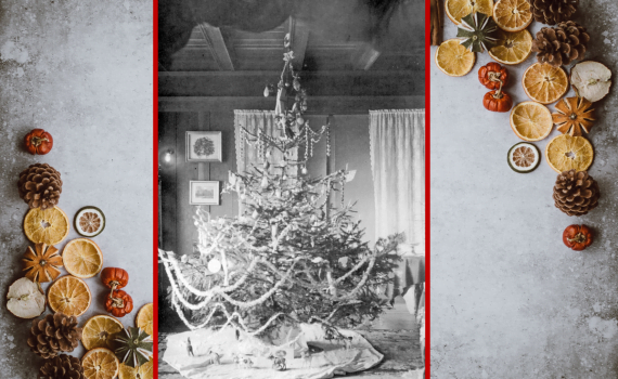 Center is b&w photo of decorated Christmas tree bordered on sides by Christmas nuts and fruit