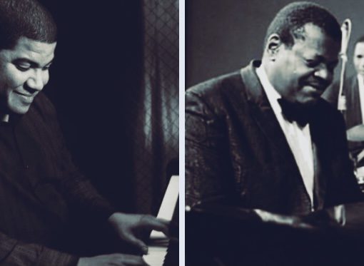 Pablo Cardenas beside image of Oscar Peterson