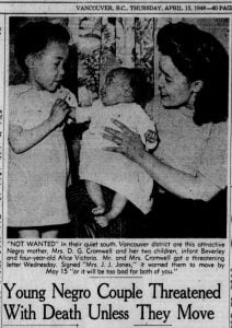 newspaper article with image of young mother with baby and young daughter, text and headline