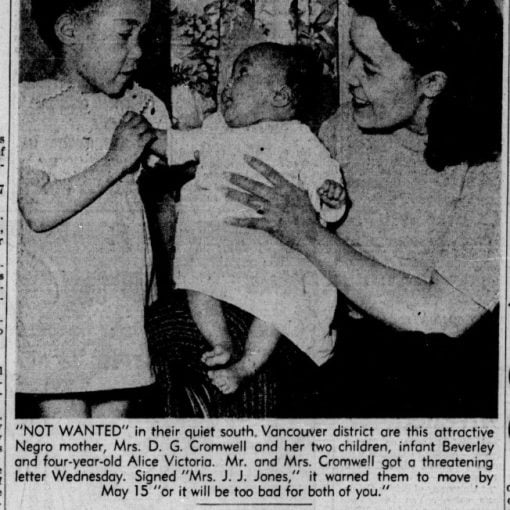 newspaper article with image of young mother with baby and young daughter, text and headline