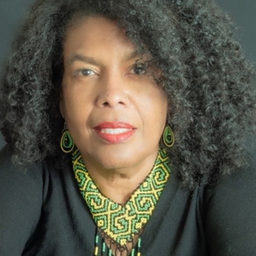 portrait black women with long curled hair smile wearing decorative earrings and necklace, black v-neck blouse