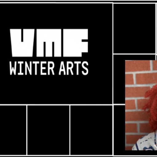 Poster left side black background with white lines and text, left side portrait black woman smiling wearing yellow glasses, orange short hair