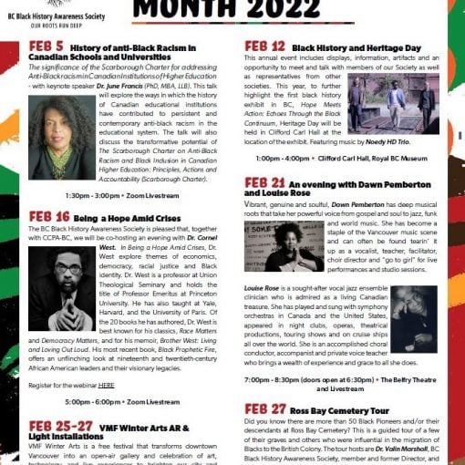 Poster with color border, in-color images and large date numbers for each event with black text on white background