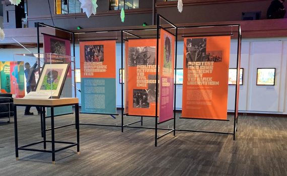 exhibition area with information panels, light boxes on walls, art in display case