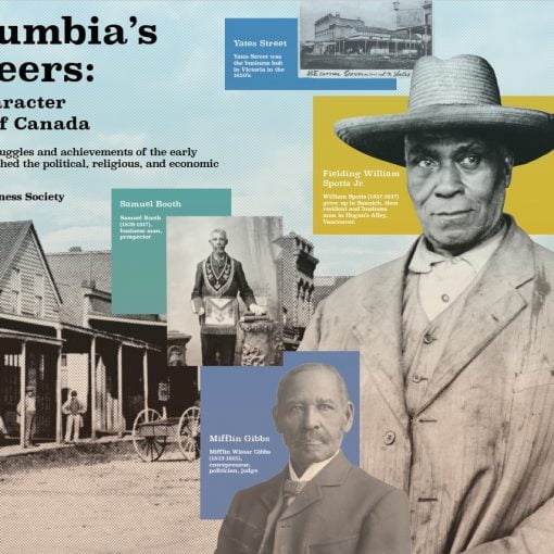 montage with text and portrait images, 1858 street scene in background