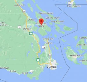 Map with Salt Spring Island indicated in middle of Gulf Islands and proximity to Vancouver Island