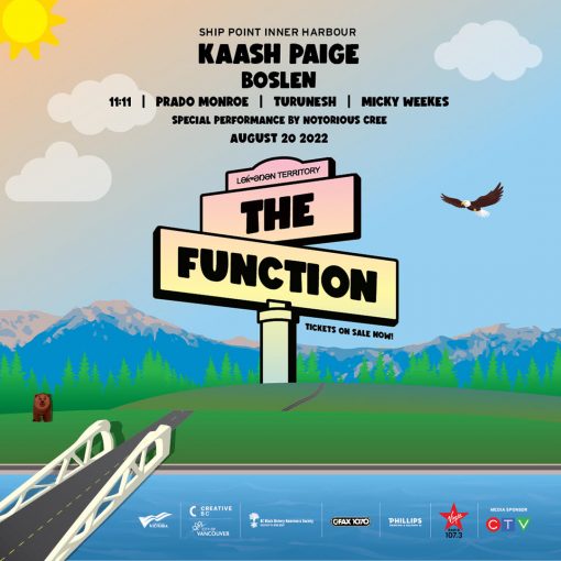 Anamorphic (3-dimensional) style drawing, upper part of poster is sunny sky, eagle, some clouds above mountains; middle is island with grass, brown bear; bottom part is bridge spanning water to the island. Middle of the island is oversized sign post indicating The Function is taking place on Lekwungen Territory.