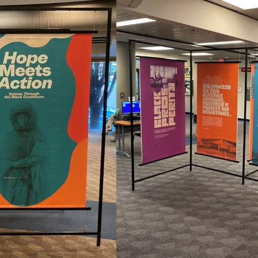 open space with 6-foot high, self-standing, information panels supported and connected by rigid metal frames