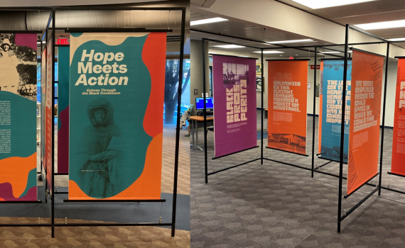 open space with 6-foot high, self-standing, information panels supported and connected by rigid metal frames