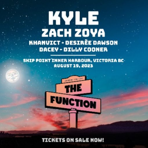 Anamorphic (3-dimensional) style drawing, upper part of poster is sky at sunset, some pink wispy clouds at horizon, Middle of the poster is oversized sign post indicating The Function is taking place on Lekwungen Territory.