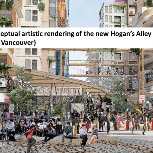 city street scene with highrise buildings in background, foreground is community square filled with people walking, sitting on benches, in open-air cafes and markets