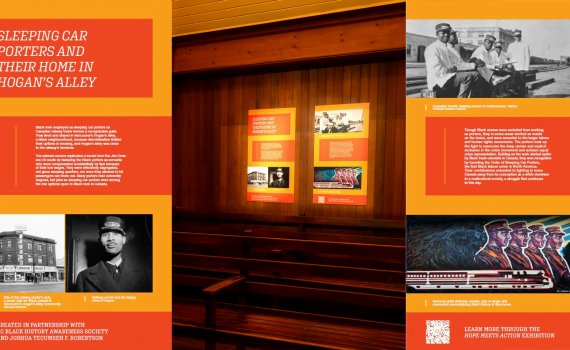 centred is photo of the inside of train station showing panels on the wall in situ, image is flanked by large images of the panels