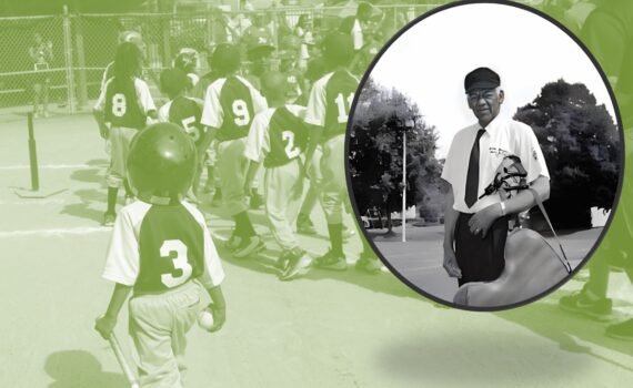 older man in umpire gear at right inset, background is youth shaking hands at end of baseball game