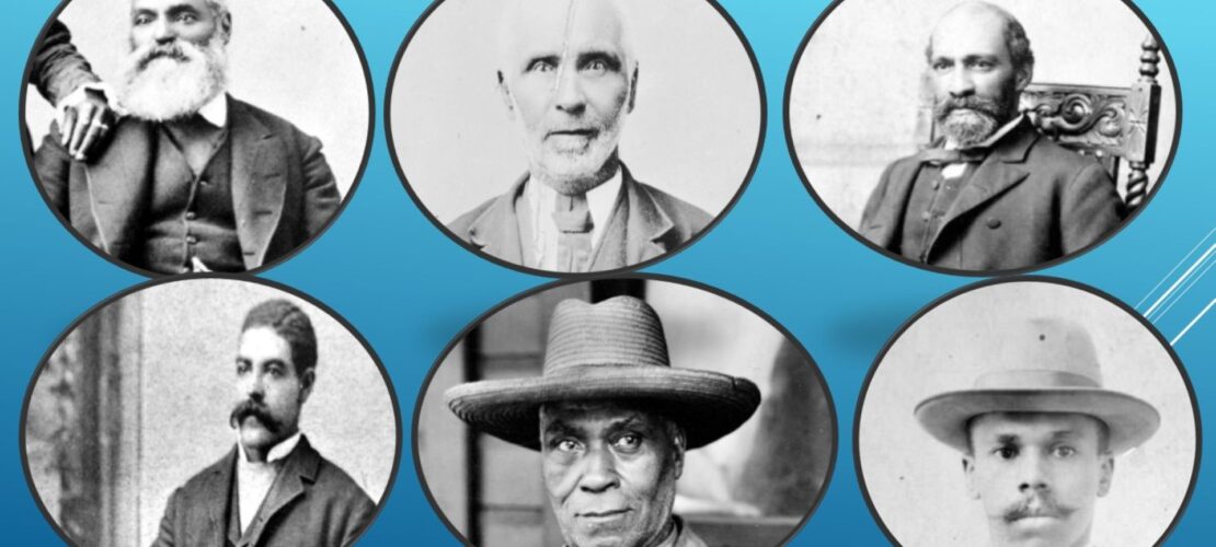 Collage of 6 B&W portraits in oval frame, men of various ages, circa 1820-1940 blue background