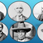 Collage of 6 B&W portraits in oval frame, men of various ages, circa 1820-1940 blue background