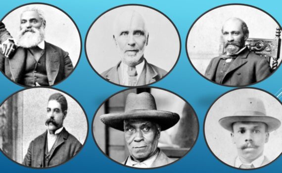 Collage of 6 B&W portraits in oval frame, men of various ages, circa 1820-1940 blue background