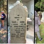 series of 3 images-gravemarker inspection - in workshop-restored at gravesite