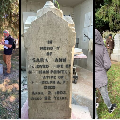 series of 3 images-gravemarker inspection - in workshop-restored at gravesite