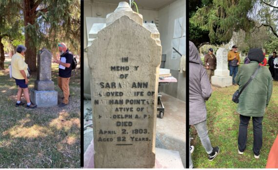 series of 3 images-gravemarker inspection - in workshop-restored at gravesite