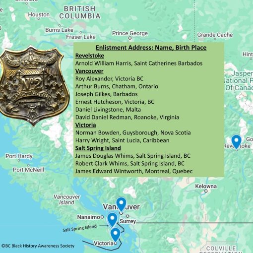 BC Map with a graphic of the Cap Badge on the left; the soldiers’ names and enlistment place are listed down the centre, overlaid on the map