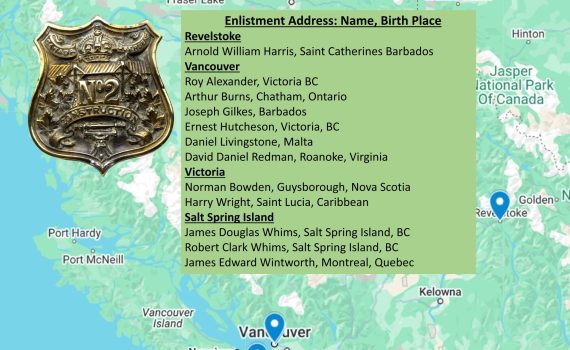 BC Map with a graphic of the Cap Badge on the left; the soldiers’ names and enlistment place are listed down the centre, overlaid on the map